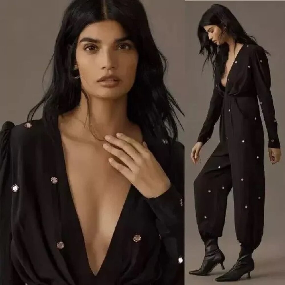 FARM RIO Anthropologie Black Beaded Mirror Dot Jumpsuit XS NEW!